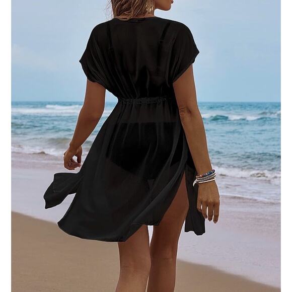 Ekouaer Women's Chiffon Sheer Cardigan Cover Ups Drawstring Black Size XL - Picture 9 of 10